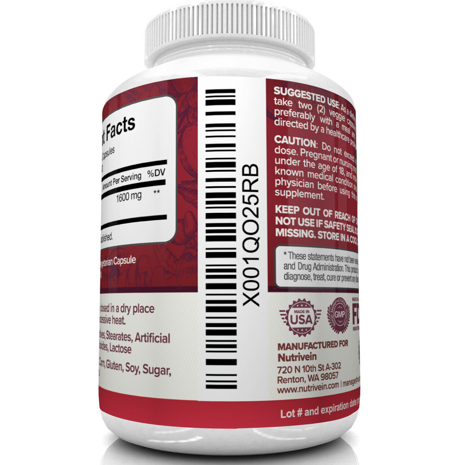 Nutrivein Apple Cider Vinegar Capsules with Mother 1600mg 120 Pills