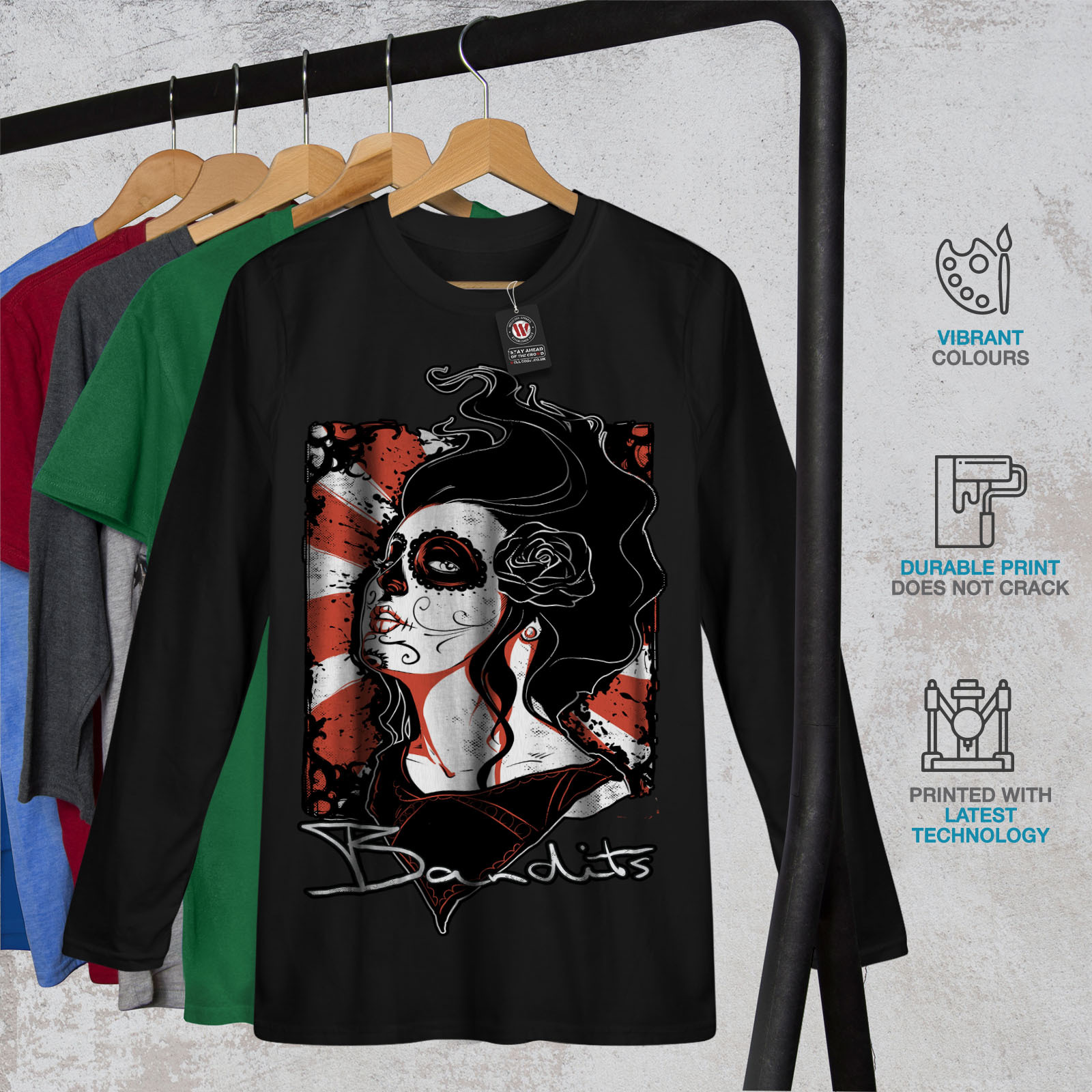Wellcoda Goth Metal Death Skull Womens Long Sleeve T-shirt Indian Casual Design