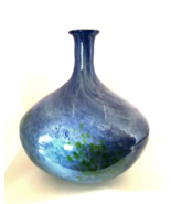 Large Decorative Art Vase Blue Swirl Green Splashes 13&quot; Tall x 12&quot; Diameter - $146.52