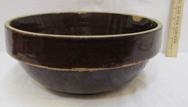 Stoneware Mixing Serving Bowl Brown Glaze Raised Bottom Crock Antique Po... - $59.35