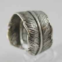 SOLID 925 BURNISHED SILVER BAND RING FEATHER PLUME FINELY WORKED, MADE IN ITALY image 2