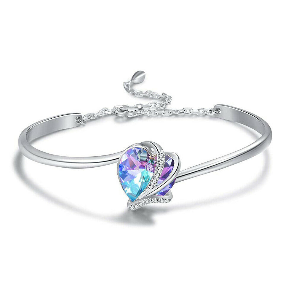Love Heart Handmade Natural Amethyst White Topaz Gems Silver Charm Bracelet 7.4
