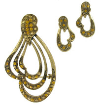 Pin Brooch Earrings Set Topaz Rhinestone Gold Tone 1" - $11.47