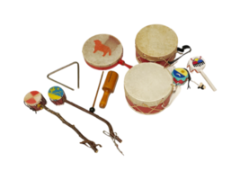 Vintage 9pc Instrument Lot Drum Triangle Percussion Hand Drum Rattle image 1