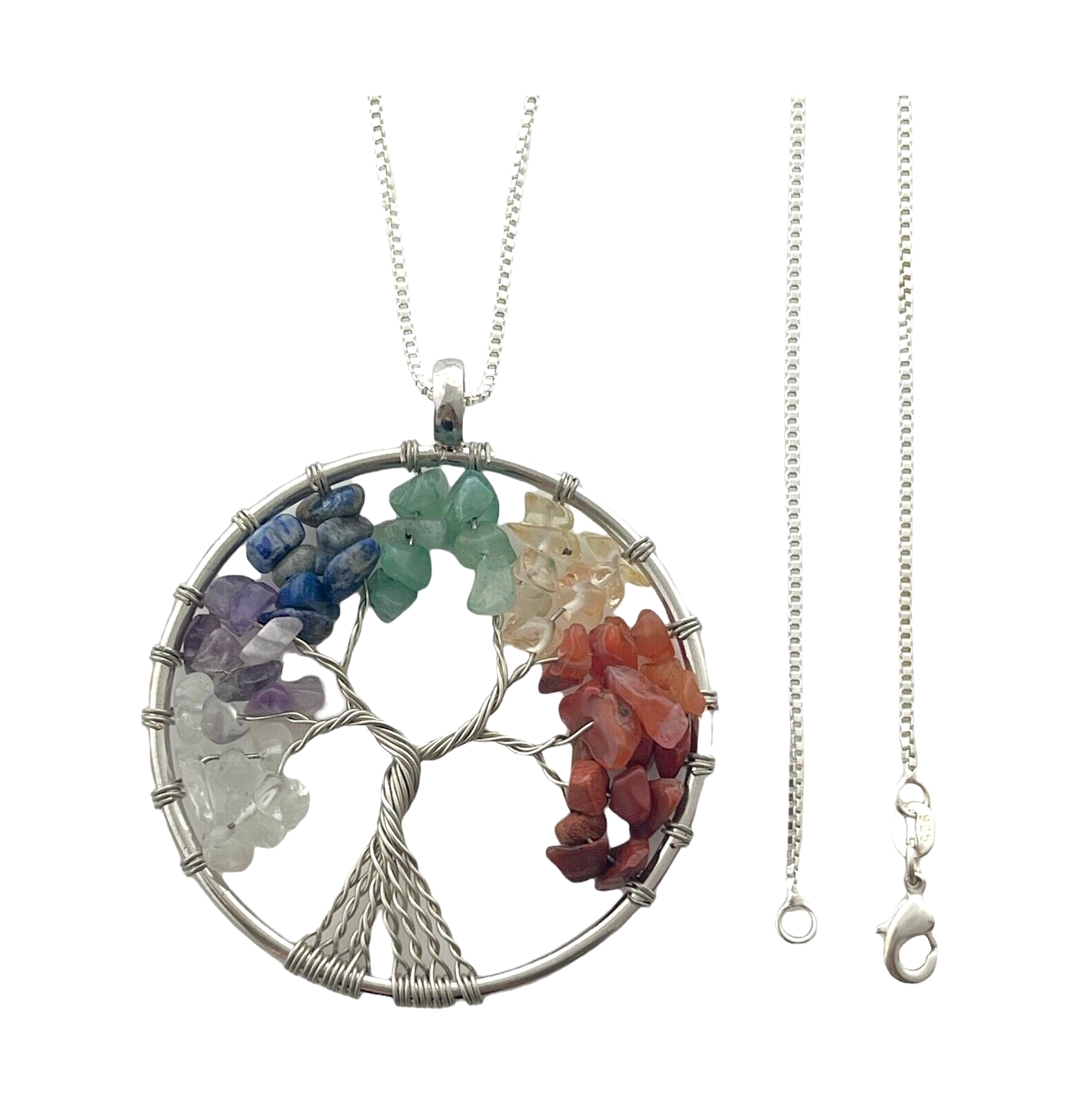 Sterling Silver Chain Necklace 7 Chakra Gemstone Tree of Life Pendant