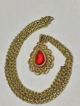 Avon Granada Orange Citrine Glass Stone Teardrop Gold Toned Textured Necklace - $25.00