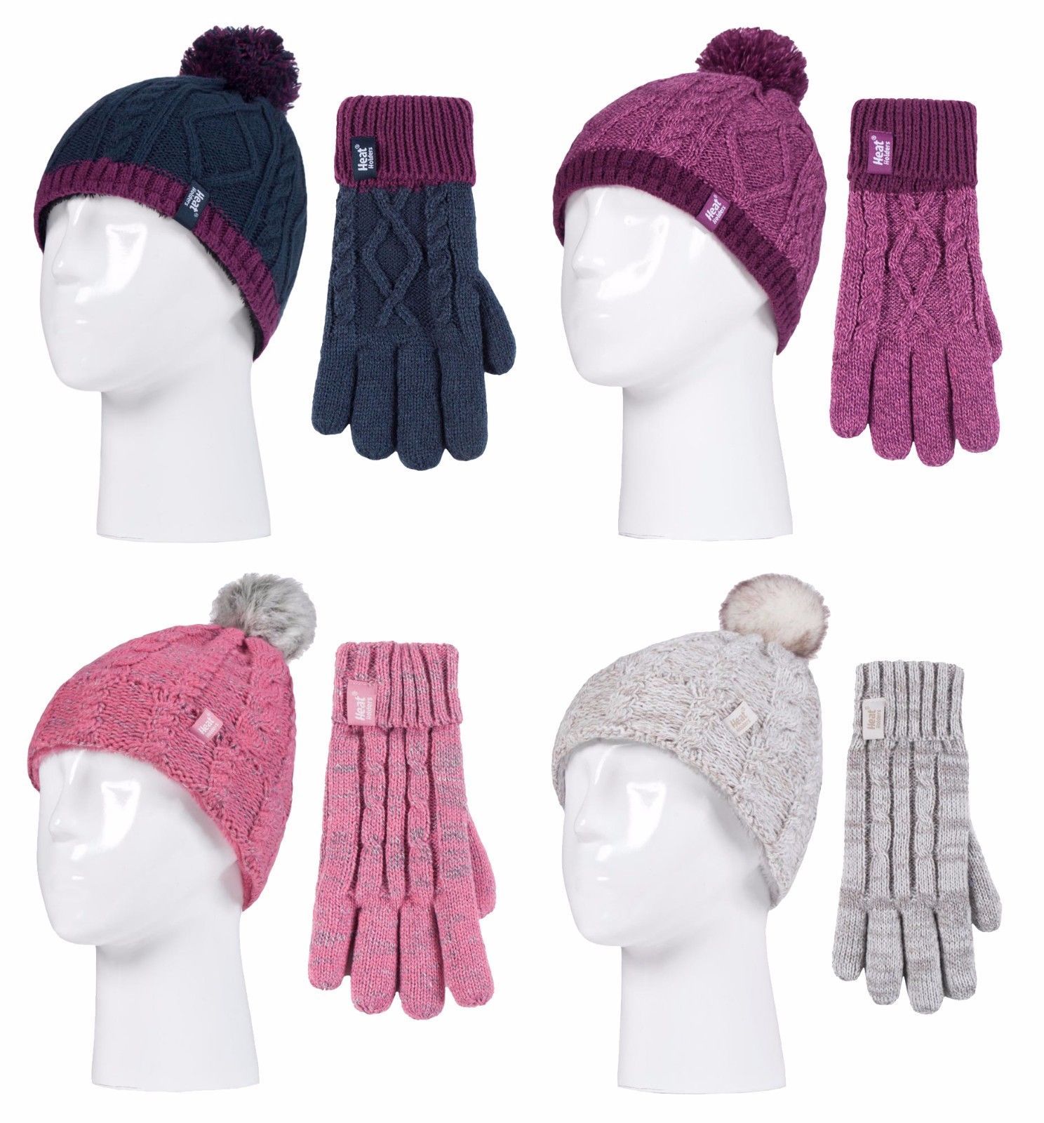 Heat Holders - Kids Girls Cable Knitted Thermal Winter Beanie Hat and Gloves Set