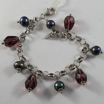 .925 RHODIUM SILVER BRACELET WITH DROPS OF PURPLE CRISTAL AND GRAY PEARLS image 1