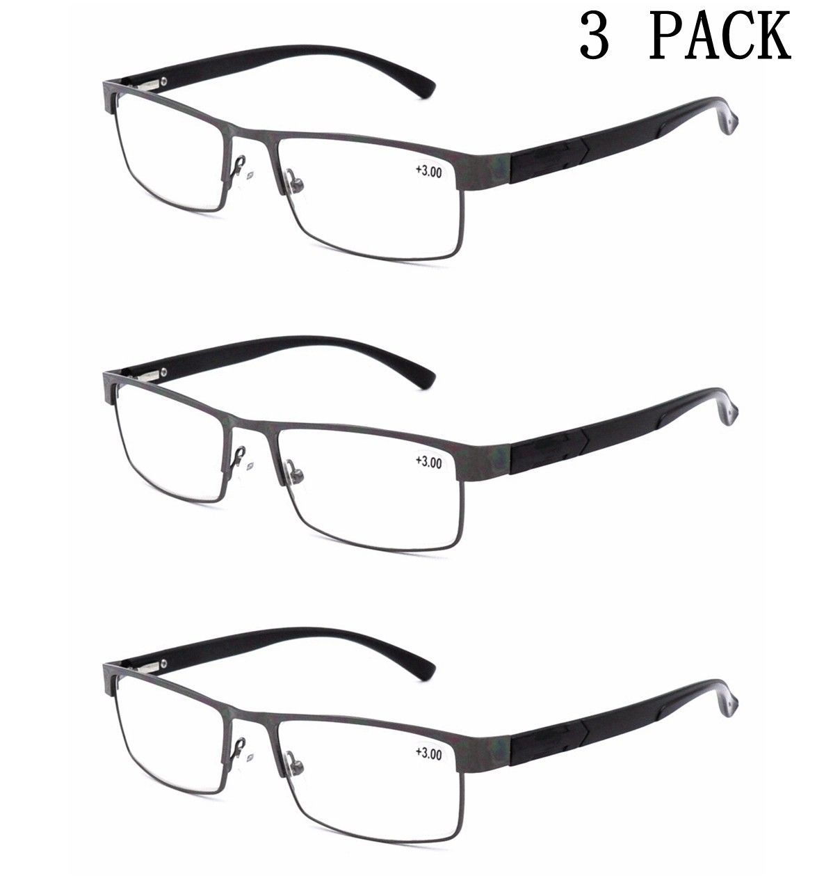 3 Pack Mens Metal Rectangle Business Reading Glasses 1.0 1.5 2.0 2.5 3. ...