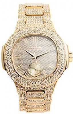 Bling-ed Out Oblong Case Metal Mens Watch - 8475 - Gold/Gold
