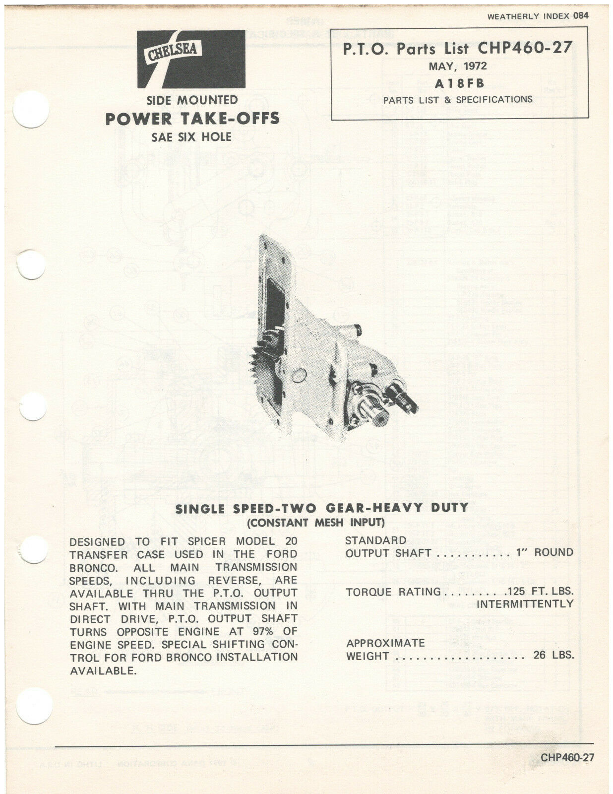 1972 Chelsea A18FB Series Power TakeOff Parts List & Specs (CHP46027