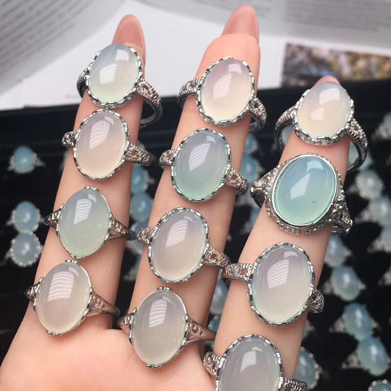 MOONROCY Silver Color Chalcedony Rings Light Blue Oval Opal Vintage Party Ring f