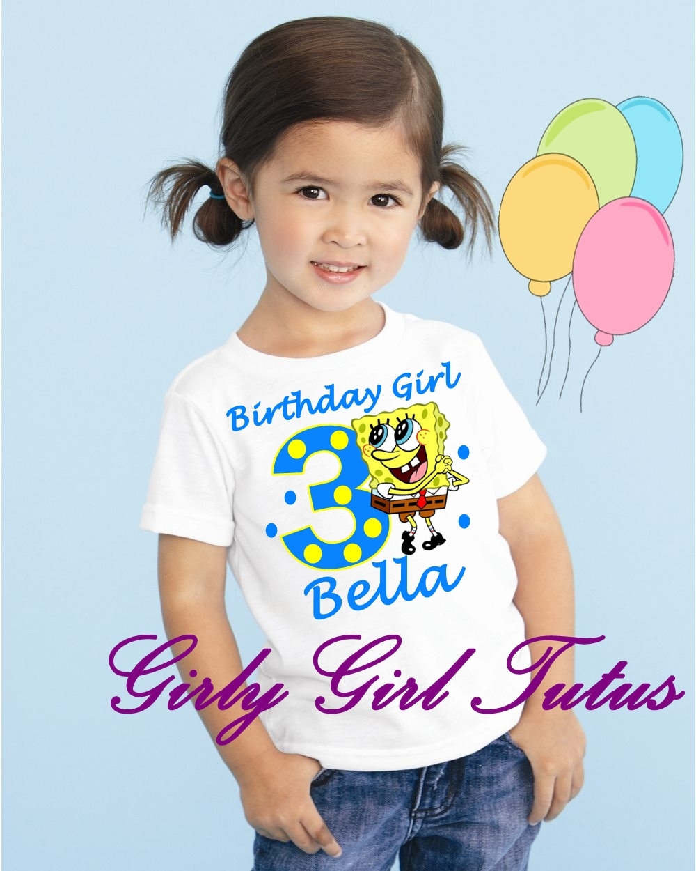 Girls Blue Yellow Spongebob Birthday Tshirt online birthday shirts for