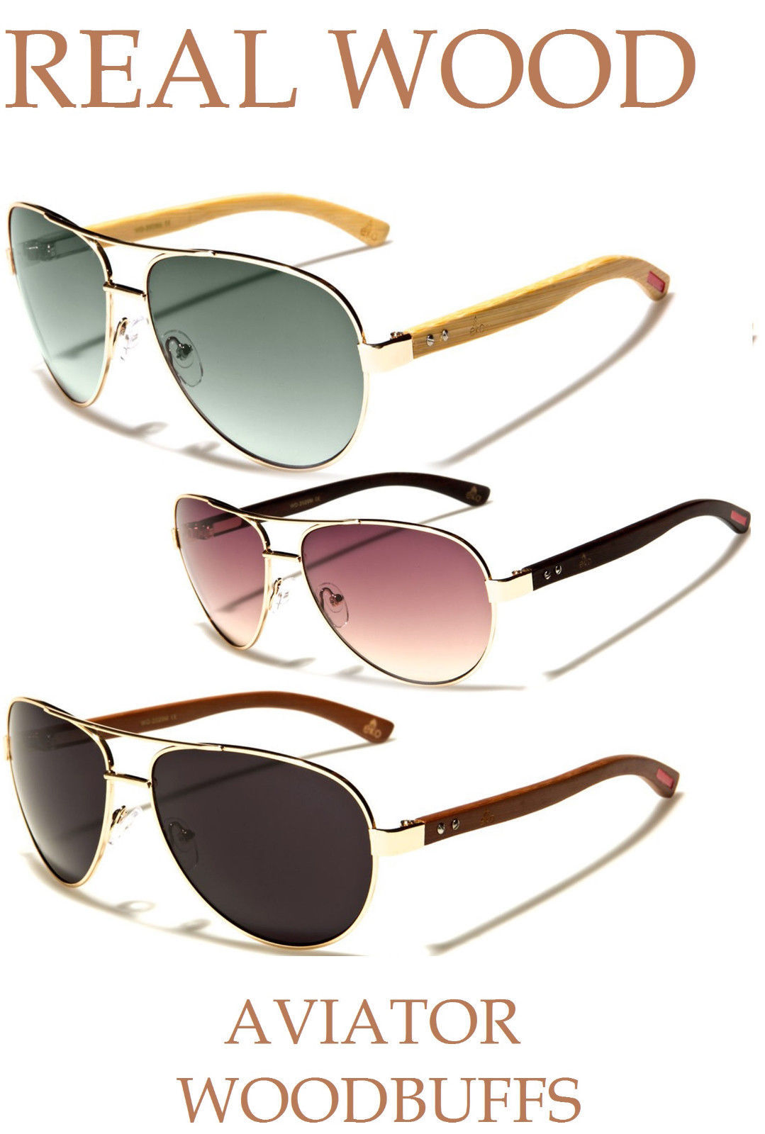 Aviator Wood BUFFS Sunglasses GOLD / BROWN Glasses REAL WOOD CLASSIC