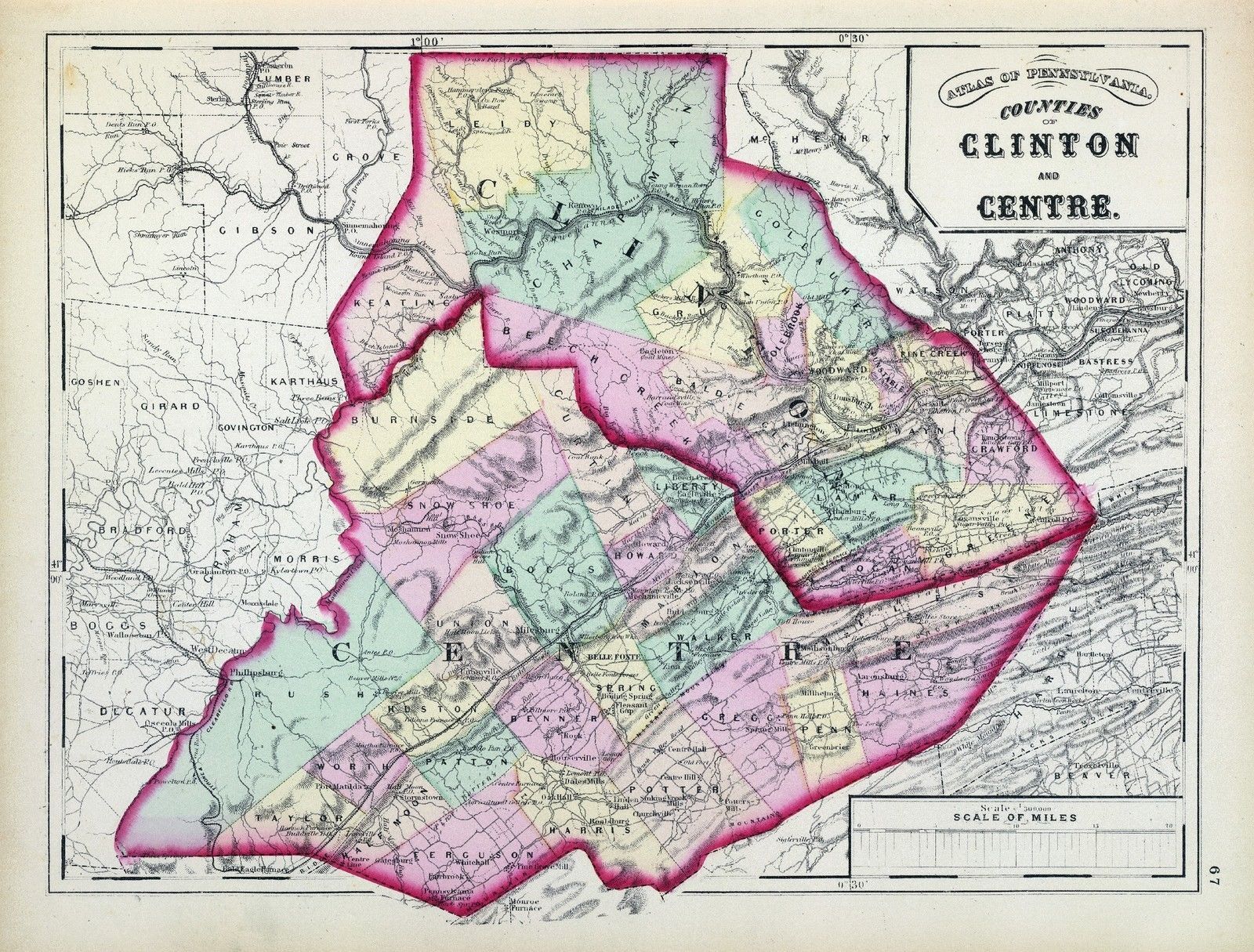 1872 Map Pennsylvania state Clinton Centre county topographical atlas