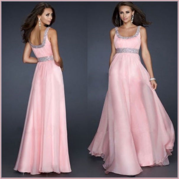 DiVA Pink Sequined Empire Waist Scoop Neck Chiffon Layered Evening Prom Gown