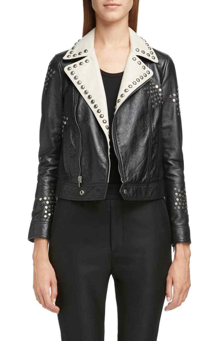 Women's Two Tone Beige Black Cont Vintage Leather Silver Studded Handmade Jacket