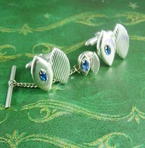 Blue Cufflinks *  vintage Tie Clip Set * wedding jewelry * Designer Cuff... - $125.00