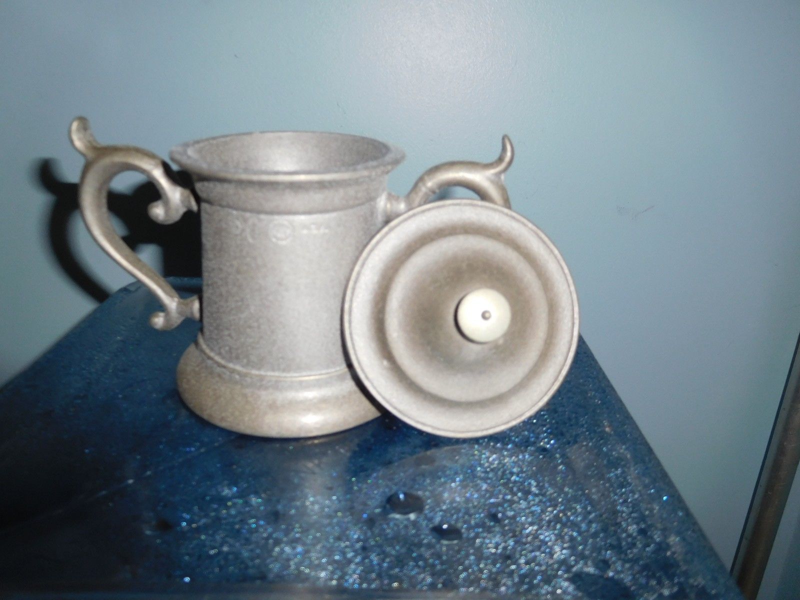 Vintage Pewter Sugar Bowl with Lid & Ornate Handles Pewter