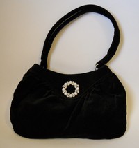 Black Velvet Evening Bag Purse White Pearl Clear Rhinestone Trim Clutch ... - $25.00