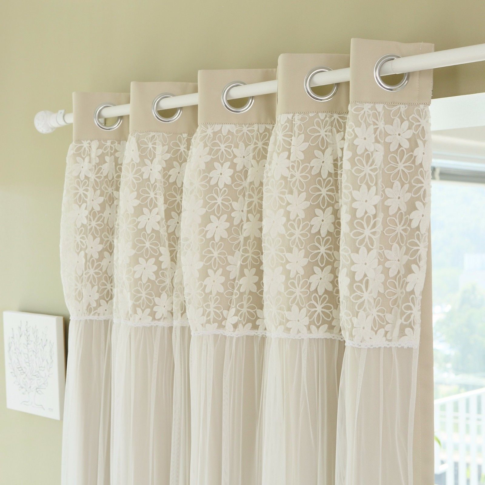 New 2 Panels Beige Floral Lace Overlay Blackout Grommet Top Window