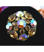 WEISS  Aurora Borealis Brown RHINESTONES Dome BROOCH Vintage Round Pin A... - $44.99