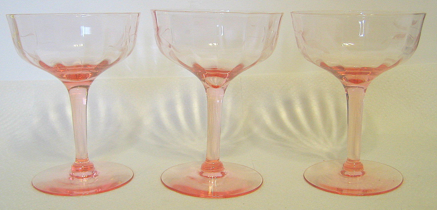 Pink Depression Glass Wine Glasses Crystal 3 Piece Set Bowls