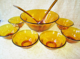 Indiana Glass Golden Amber Salad Bowls Set Vintage 9 Piece w Fork & Spoon Home K - $70.00