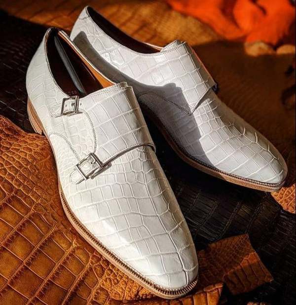 Handmade Men's White Leather Crocodile Texture Double Monk Strap Dress Shoes