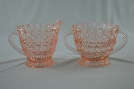 Jeannette Glass Holiday (Button &amp; Bows) Pink Creamer &amp; Sugar Bowl 1947-1... - $19.80