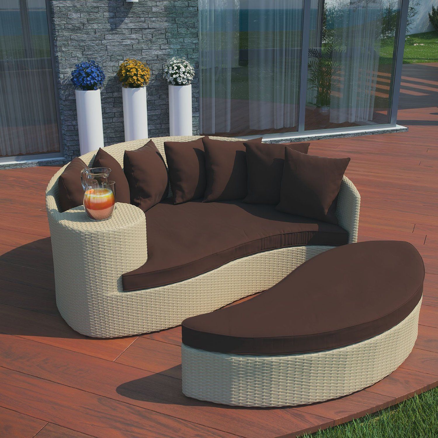 Modern LexMod Taiji Outdoor Wicker Patio Daybed W/ Ottoman Tan w/ Brown Cushions - $1,954.75
