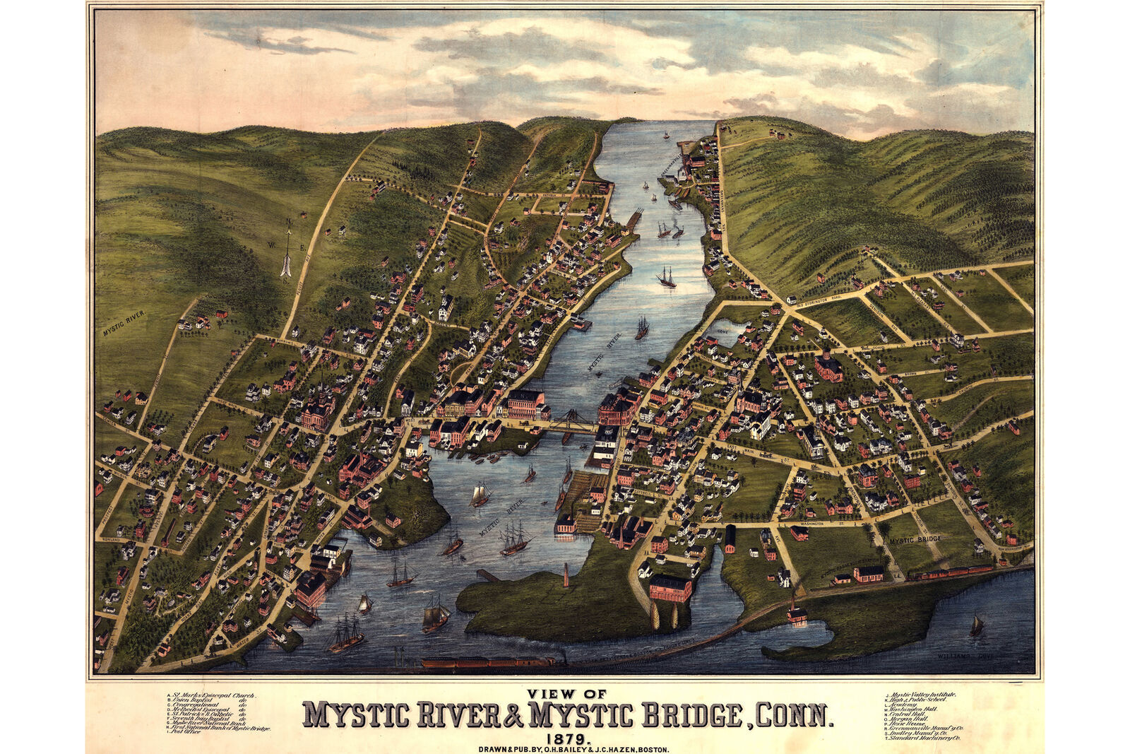 Map of Mystic River, Connecticut 1879; Antique Birdseye Map - Posters ...