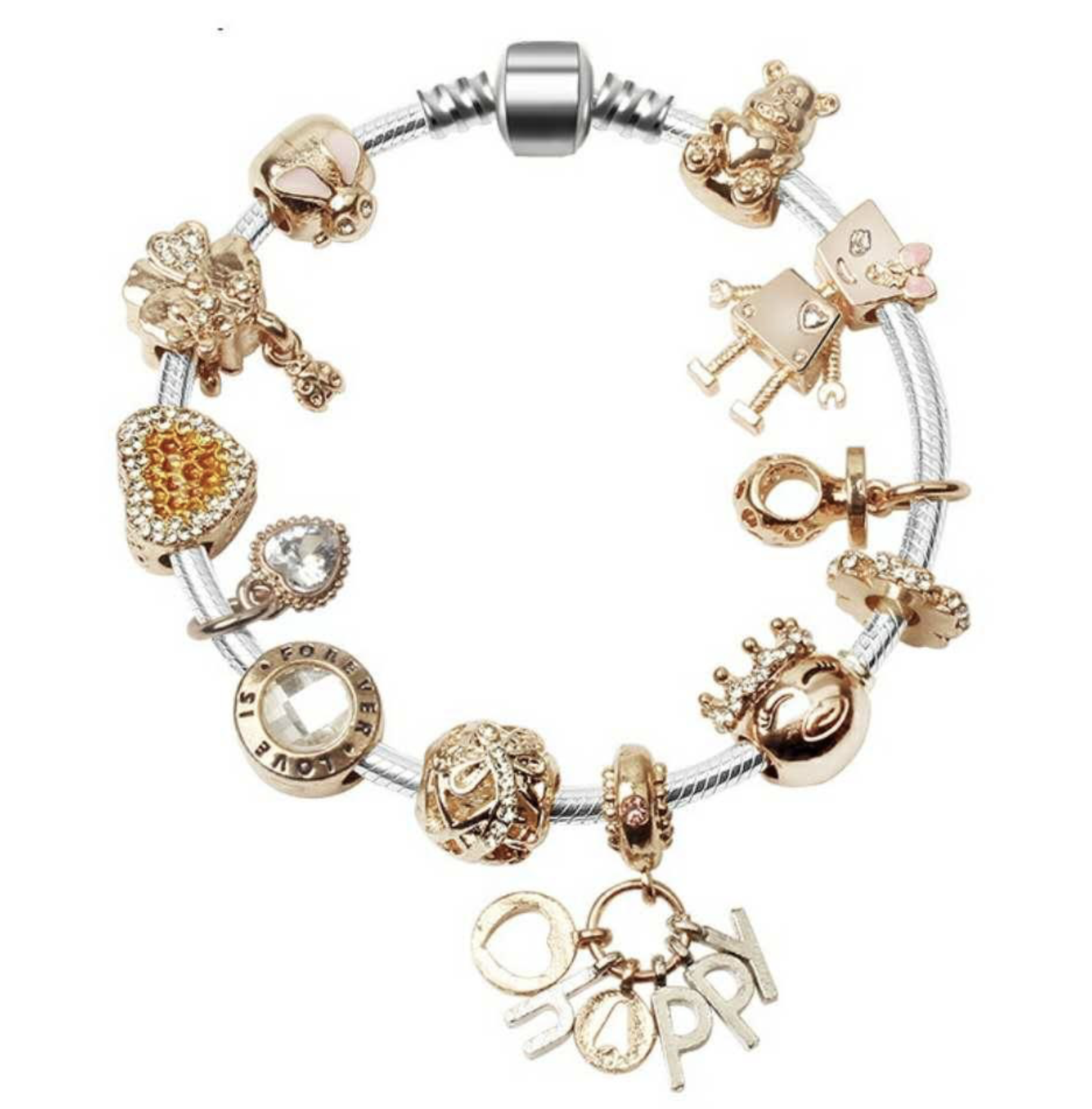 Rose Gold Bella Bot & Friends 12 Peice Charm Bracelet Pandora Set - Box ...