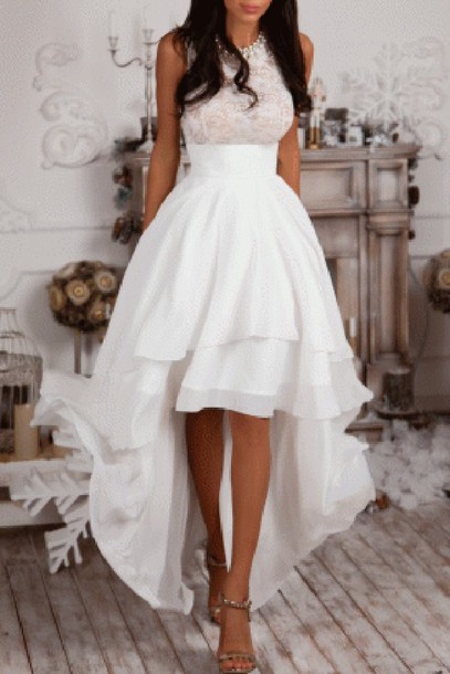 High Low Chiffon White Prom Dresses Lace Appliques Party Dresses 3 Layers
