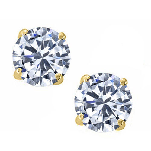 14K Solid Yellow Gold White Sapphire Round Stud w/ Screw Back Stud Earrings