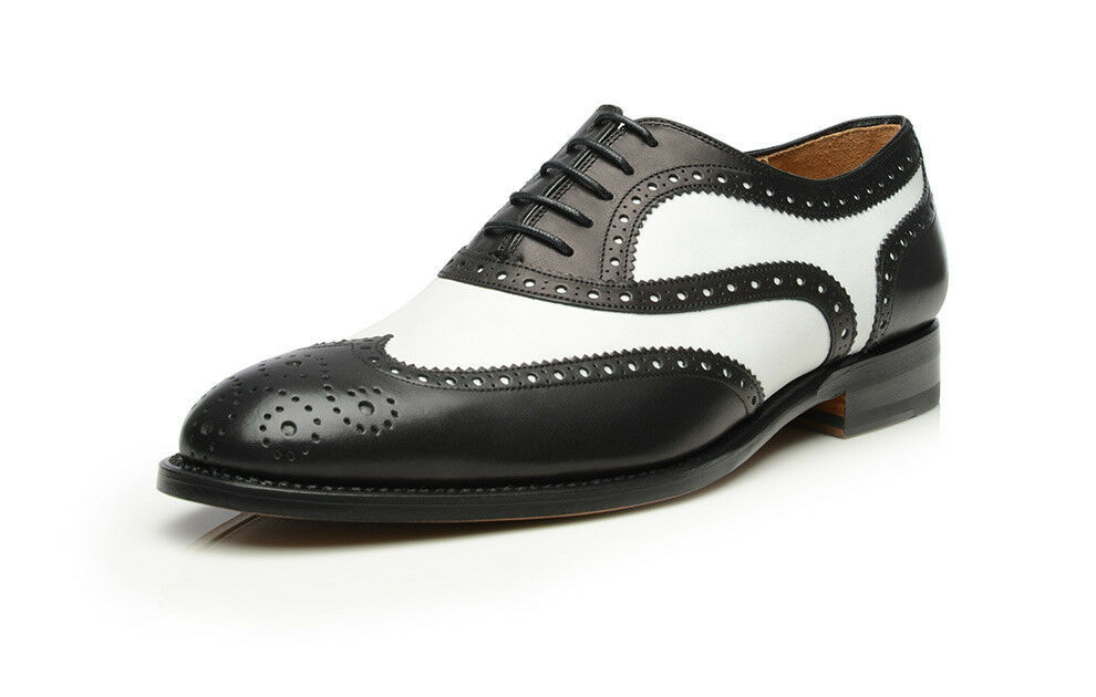 Men's Two Tone Black White Cont Full Brogue Toe Wing Tip Leather Lace up Shoes