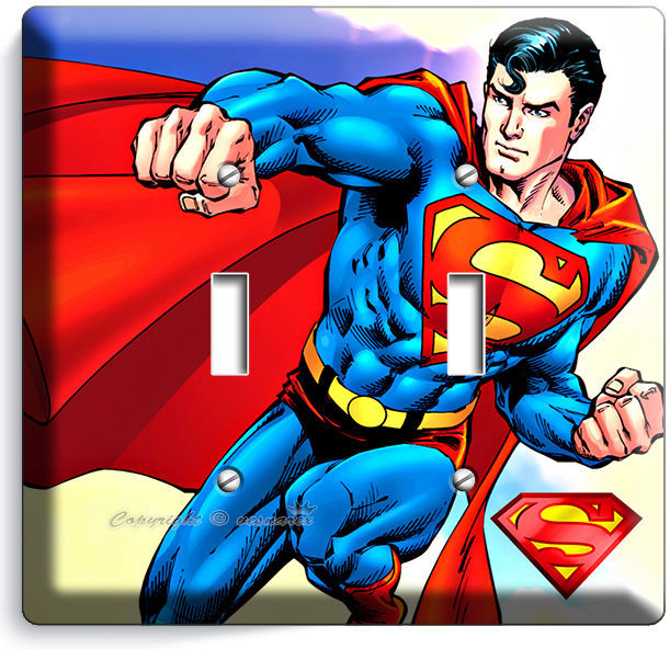 RETRO SUPERMAN SUPERHERO DOUBLE LIGHT SWITCH WALL PLATE COVER BOYS BEDROOM DECOR