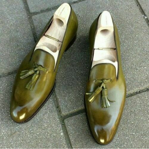 Handmade Men Olive Green Tassels Slip On Dress Shoes, Real Leather Office Shoes
