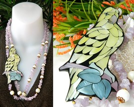 Vintage Parrot Necklace Pendant Amethyst Quartz Shell Inlay  - $49.95