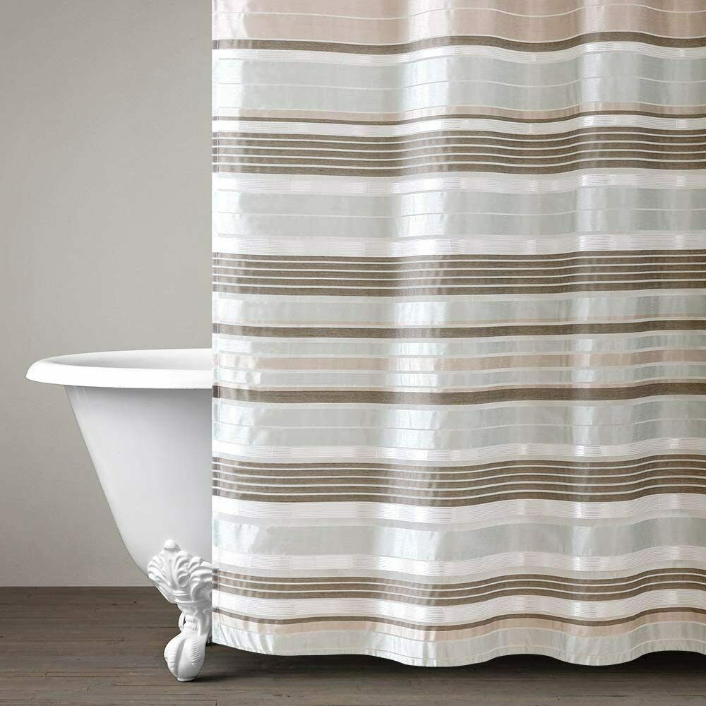 Gray Neutral Striped Decorative Modern Farmhouse Fabric Shower Curtain