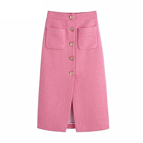 Vintage Pocket Patch Breasted Tweed Woolen Split Slim Skirt Ladies Back Zipper C