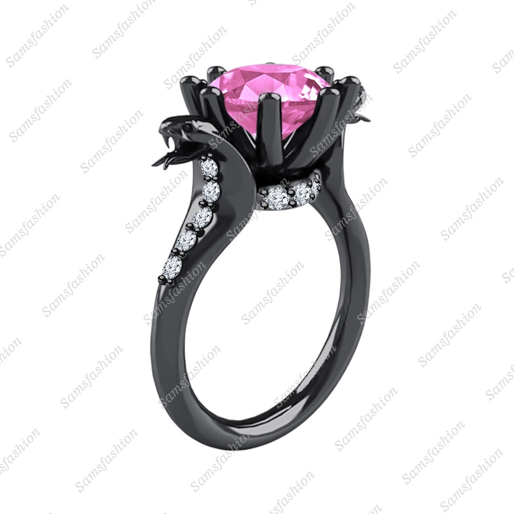 Solitaire Pink sapphire & Diamond 14k Black Gp 925 Silver Cobra Snake Fancy Ring