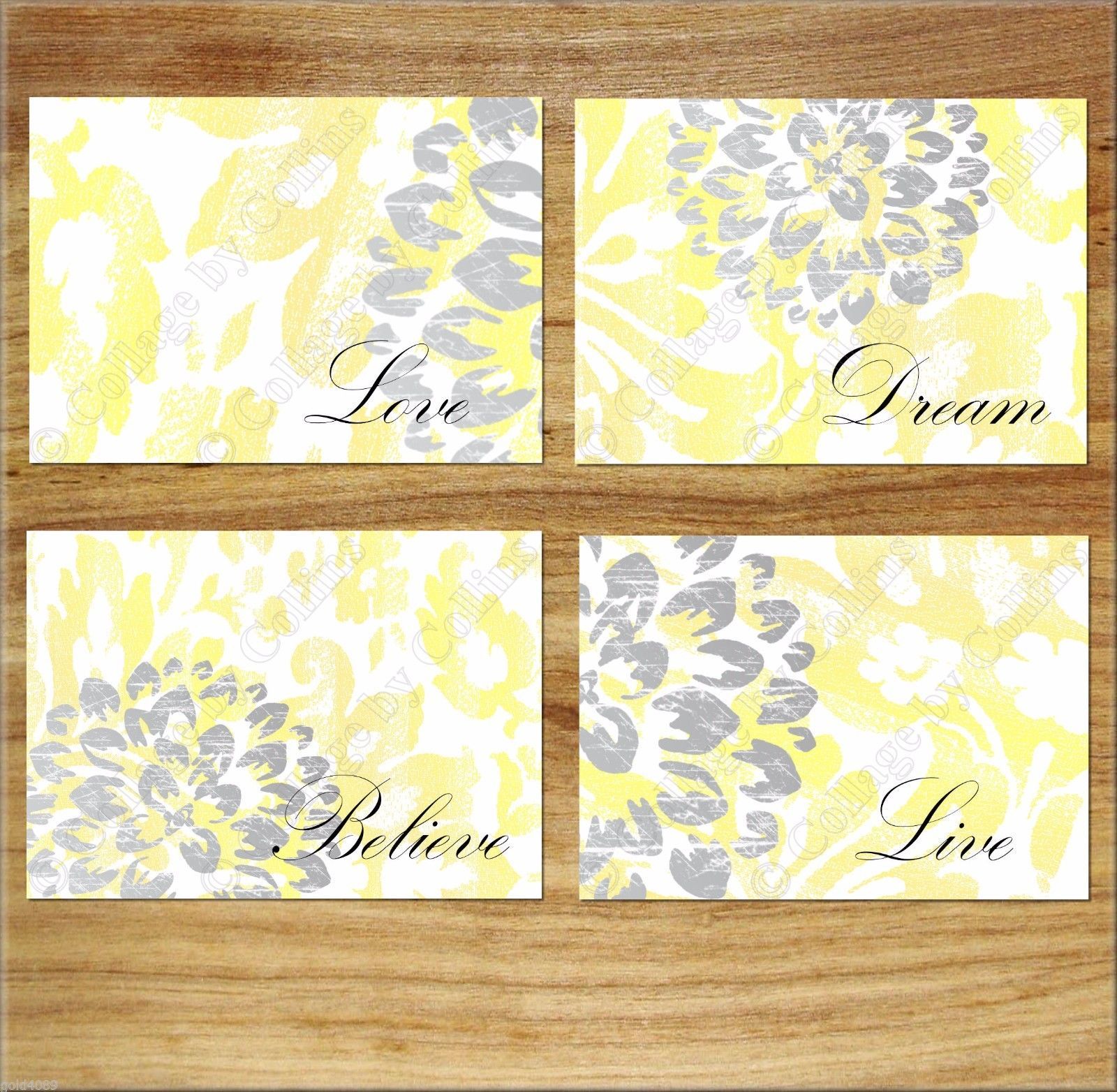 Yellow Gray Wall Art Prints Decor Home Distressed Rustic Floral Flower