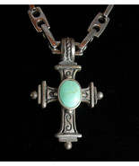 Gothic sterling Cross Necklace Signed Turquoise renaissance pendant Vint... - $225.00