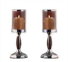 Candle Holders With Glass Candle Cup Set of 2 Metal 14.2" High Pillar Flameless image 1