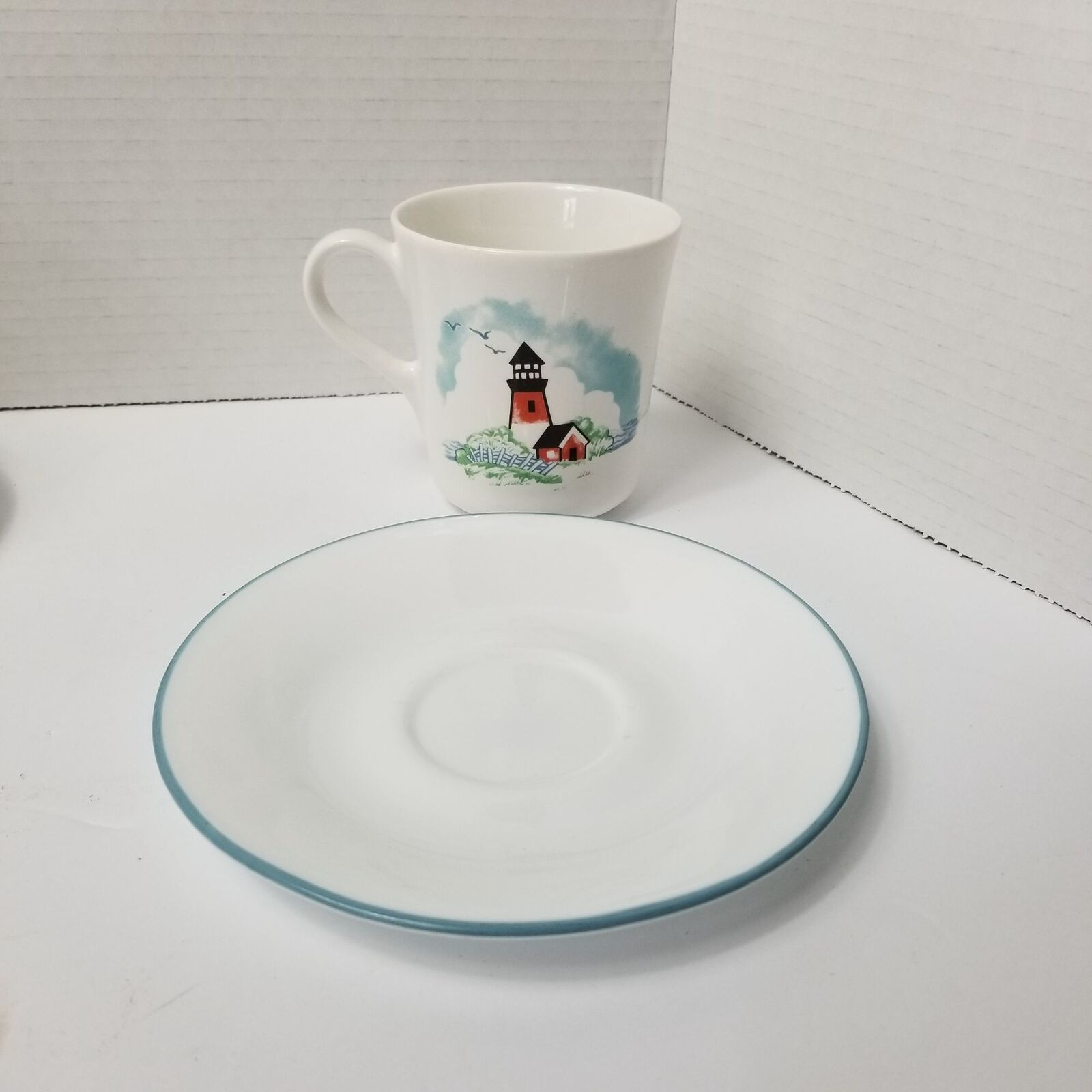 Set of Three (3) Corelle Outer Banks White Coffee Mugs and Saucers