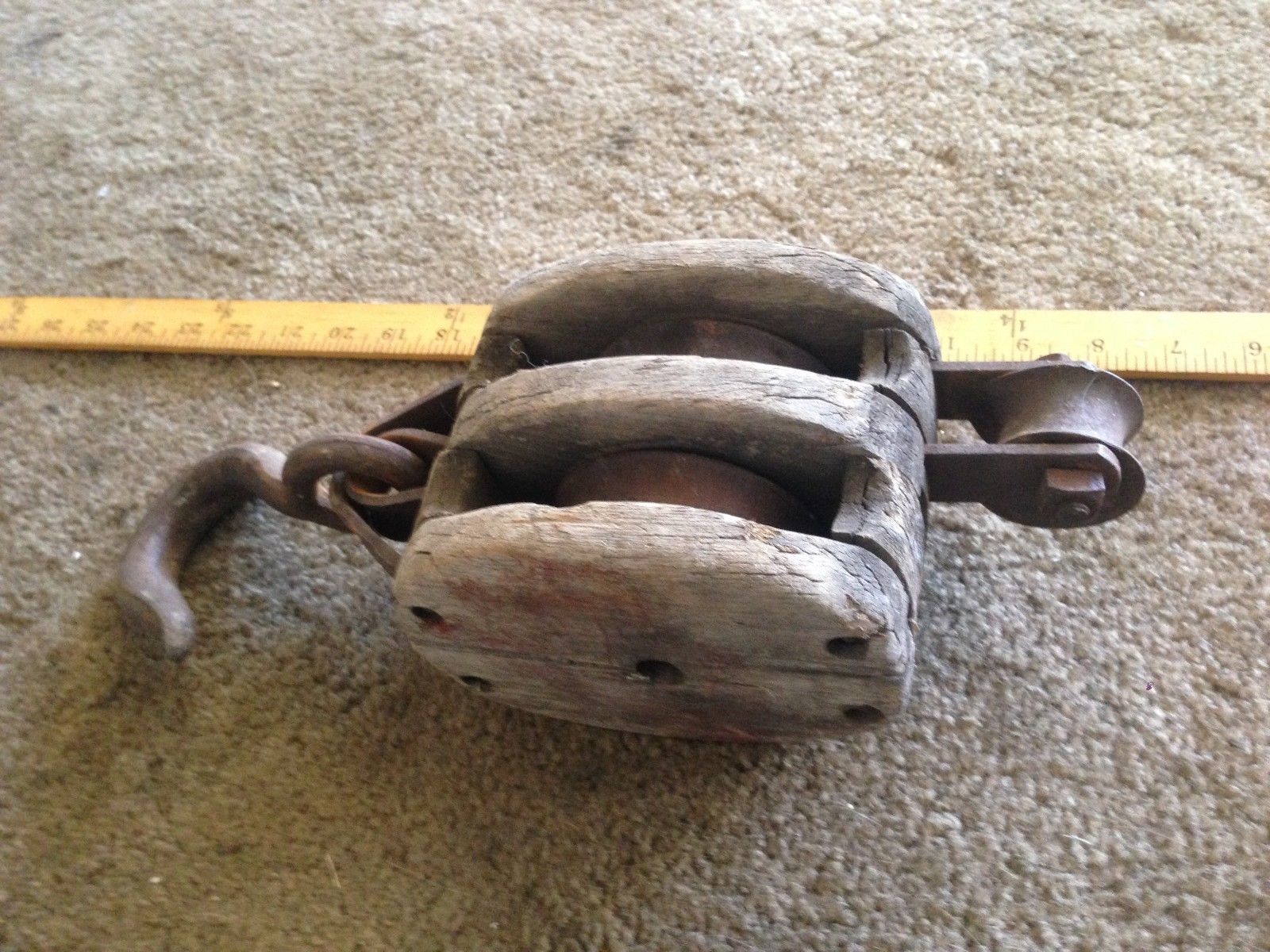 Vintage Wood double Iron Pulley Industrial Farm Ship yard US navy ...