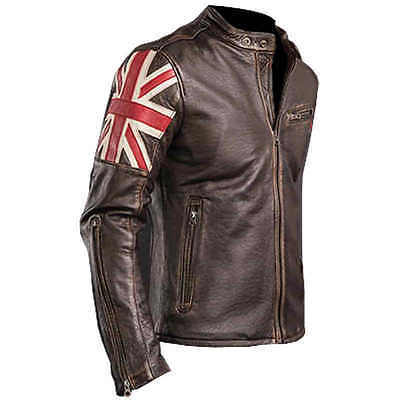 Mens Biker vintage motorcycle cafe racer leather jacket With U.K Flag