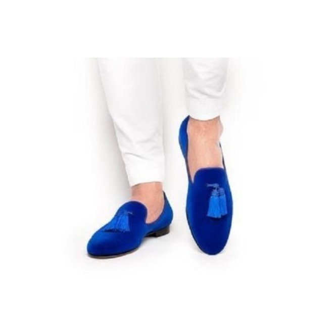 NEW  Handmade Men Blue Shoes, Velvet Moccasin Loafer Slip on Shoes, Men Tassels