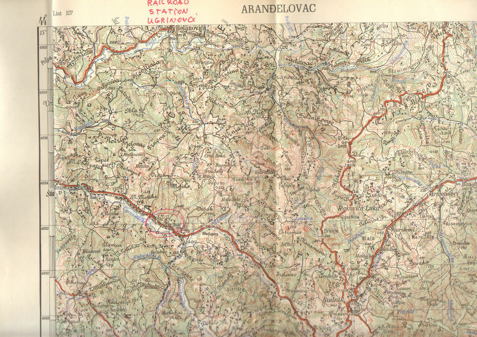 1952 Military Topographic Map Arandjelovac Rudnik Ugrinovci Serbia